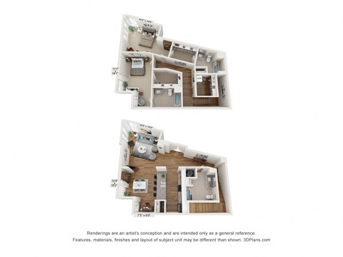 Floor plan for 2 beds, 3 baths, 1976 sqft